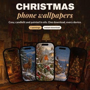 Christmas Phone Wallpaper Bundle, 7 Vintage Oil Paintings | Cozy Christmas iPhone, iPad and Desktop Backgrounds | Digital Download