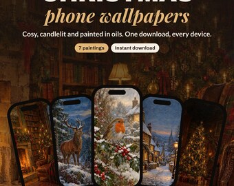 Christmas Phone Wallpaper Bundle, 7 Vintage Oil Paintings | Cozy Christmas iPhone, iPad and Desktop Backgrounds | Digital Download