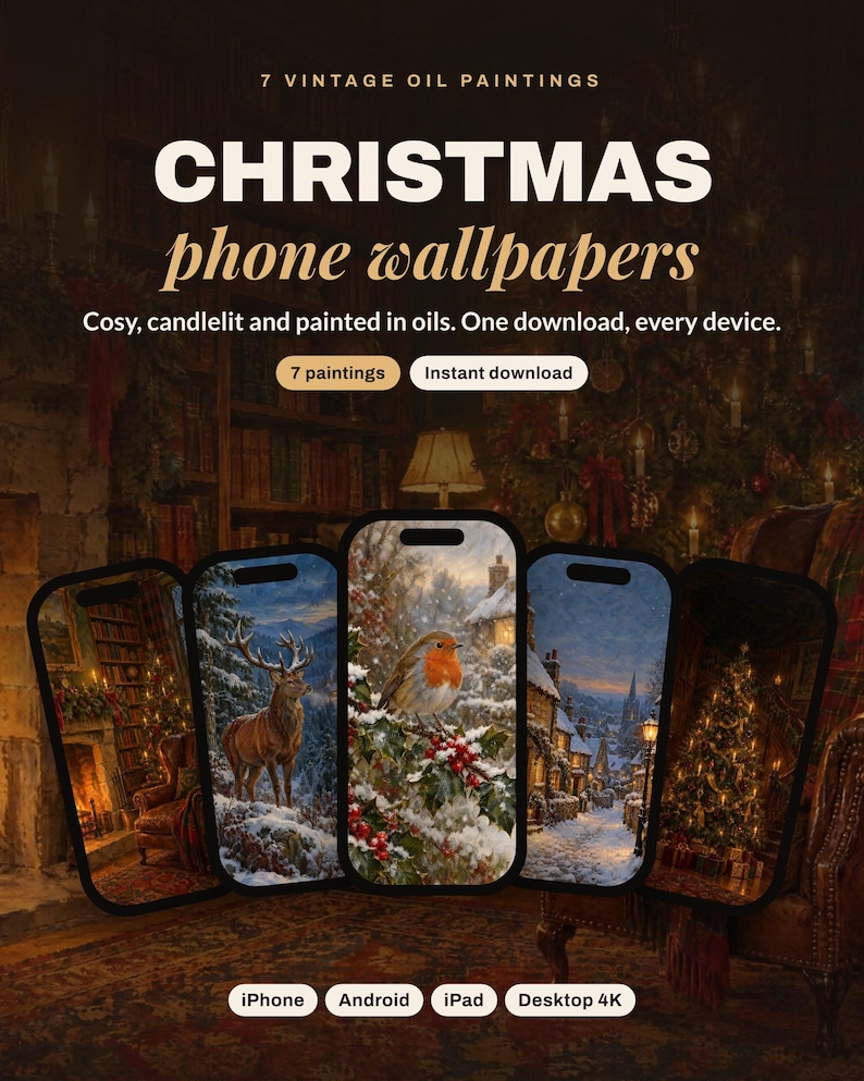 Christmas Phone Wallpaper Bundle, 7 Vintage Oil Paintings | Cozy Christmas iPhone, iPad and Desktop Backgrounds | Digital Download image 1