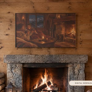 May include: A rectangular wall art print featuring a cozy indoor scene with two people sitting by a fireplace, a table with a candle, and a window showing snowy mountains. The text "DIGITAL DOWNLOAD" is printed in the bottom right corner.