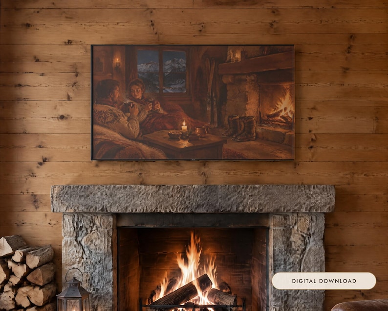 May include: A rectangular wall art print featuring a cozy indoor scene with two people sitting by a fireplace, a table with a candle, and a window showing snowy mountains. The text "DIGITAL DOWNLOAD" is printed in the bottom right corner.