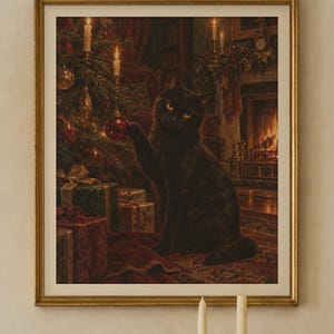 Black Cat Christmas Print, Vintage Oil Painting, Cat Lover Gift (Digital Download) image 2