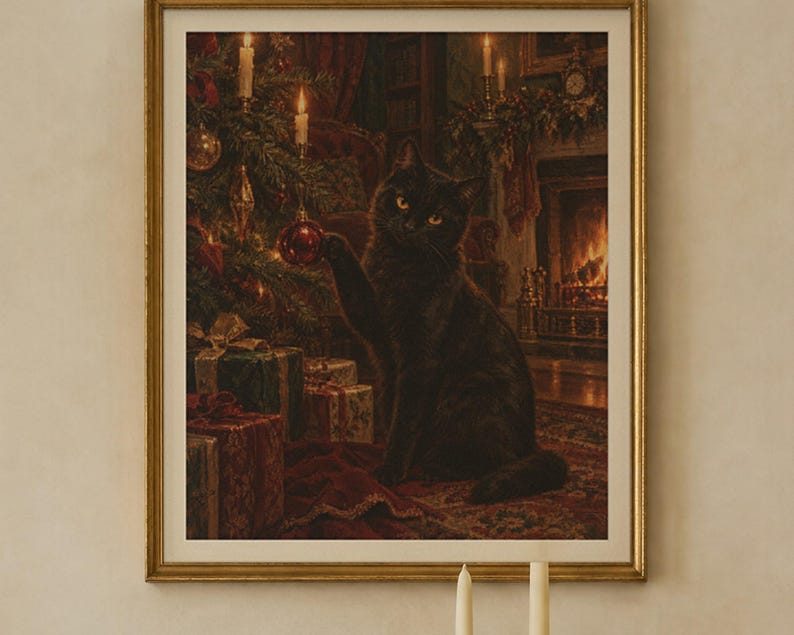 Black Cat Christmas Print, Vintage Oil Painting, Cat Lover Gift (Digital Download) image 2