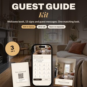 Pacchetto di benvenuto Airbnb / Guida telefonica per gli ospiti, Manuale della casa stampabile, 15 cartelli per la casa e messaggi per gli ospiti / Kit per host di case vacanza / Canva immagine 1