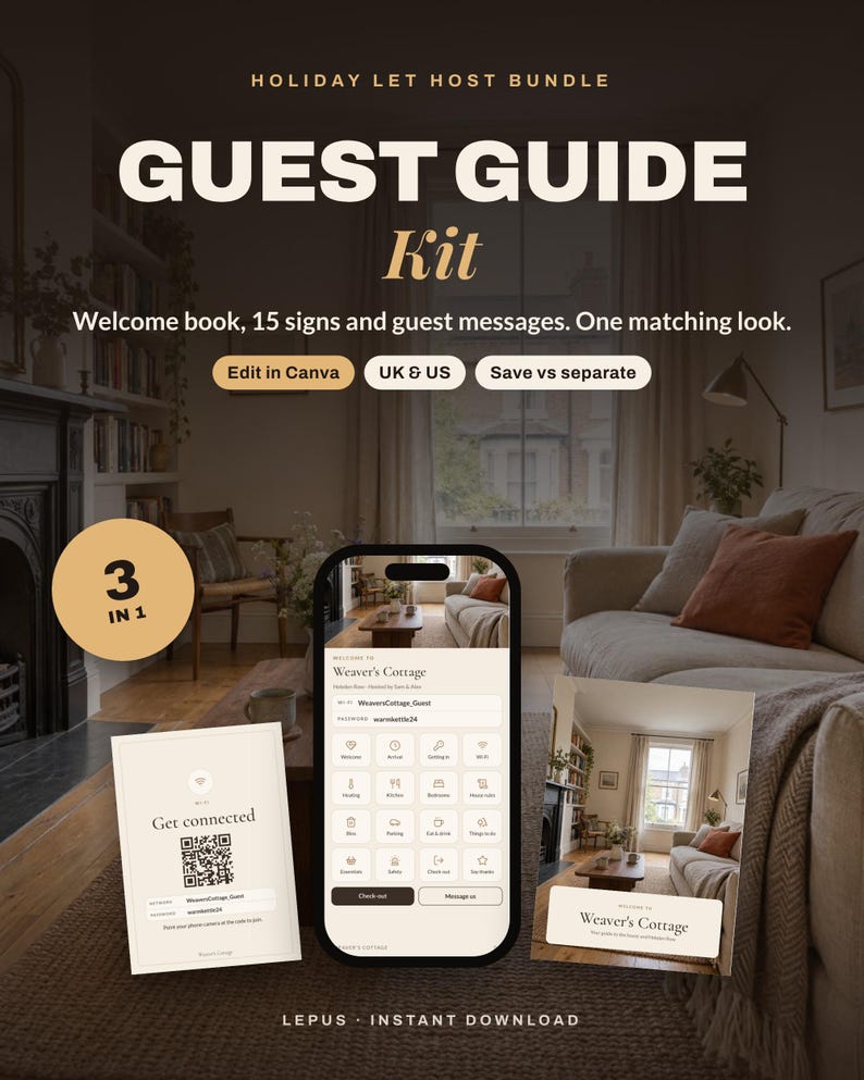 Pacchetto di benvenuto Airbnb / Guida telefonica per gli ospiti, Manuale della casa stampabile, 15 cartelli per la casa e messaggi per gli ospiti / Kit per host di case vacanza / Canva immagine 1