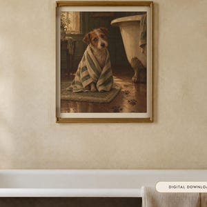 Terrier in a Towel Print | Funny Bathroom Wall Art | Vintage Animal Oil Painting | Who let you in | Digital Download