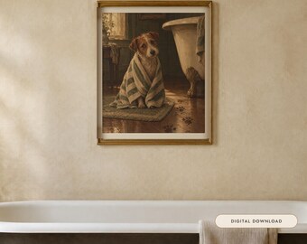 Print van een terriër in een handdoek | Grappige muurdecoratie voor de badkamer | Vintage olieverfschilderij met dieren | Wie heeft je binnengelaten? | Digitale download