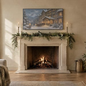 Frame TV Art: Het Grand Alpine Hotel, Vintage winter olieverfschilderij (digitale download) afbeelding 2