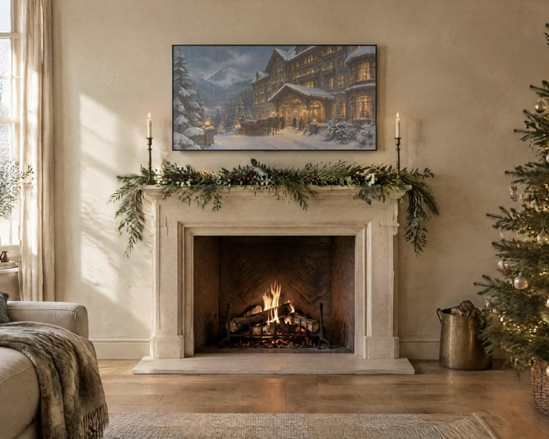 Frame TV Art: Het Grand Alpine Hotel, Vintage winter olieverfschilderij (digitale download) afbeelding 2