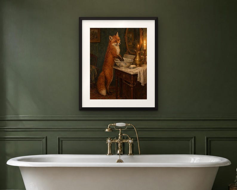 Fox at the Washstand Print | Funny Bathroom Wall Art | Vintage Animal Oil Painting | Wash your hands you animal | Digital Download image 4