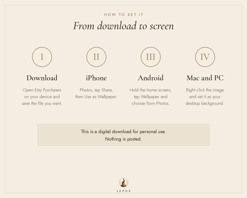 May include: An instructional graphic titled How to set it: From download to screen. It outlines four steps for setting digital wallpapers on iPhone, Android, Mac, and PC, with a note stating this is a digital download for personal use.