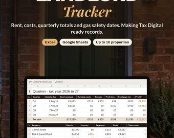 UK Landlord Spreadsheet | Rental Income and Expenses Tracker, Making Tax Digital Records, Rent Arrears and Gas Safety Dates | Excel