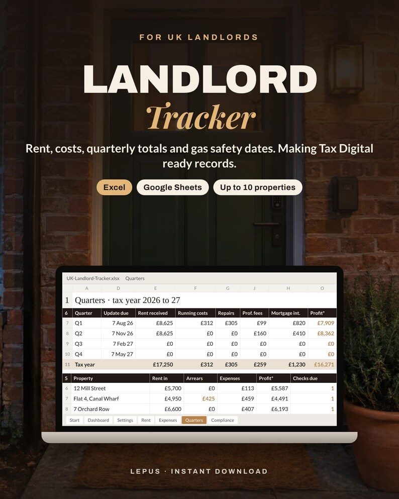 Kalkylblad för hyresvärdar i Storbritannien | Uppföljning av hyresintäkter och utgifter, digitala skatteregister, hyresskulder och gassäkerhetsdatum | Excel bild 1