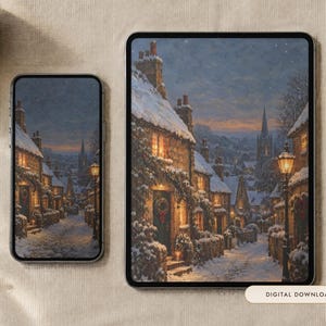 Snowy Village Wallpaper | Oil Painting Christmas Phone, iPad and Desktop Background | Cozy Cottagecore Aesthetic | Digital Download
