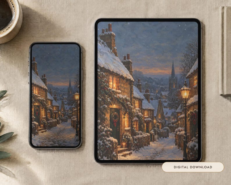 May include: A smartphone and a tablet displaying a digital illustration of a snow-covered village street at twilight. The scene features stone cottages with glowing windows, wreaths on doors, and a street lamp. The text Digital Download is visible.
