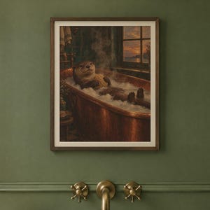 Otter in the Bath Print | Funny Bathroom Wall Art | Vintage Animal Oil Painting | Bath before bed | Digital Download image 2