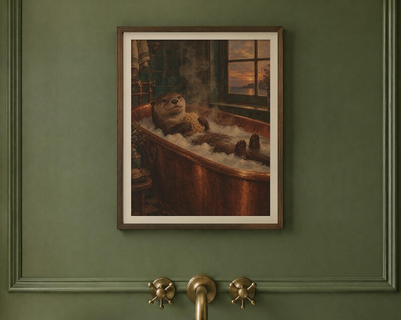 Otter in the Bath Print | Funny Bathroom Wall Art | Vintage Animal Oil Painting | Bath before bed | Digital Download image 2