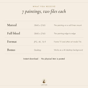 May include: A digital information chart titled WHAT YOU RECEIVE 7 paintings, two files each. It lists specifications for matted and full bleed files at 3840 x 2160 resolution, JPG format, 4K, 16:9 aspect ratio, and desktop bonus. Includes the text LEPUS.