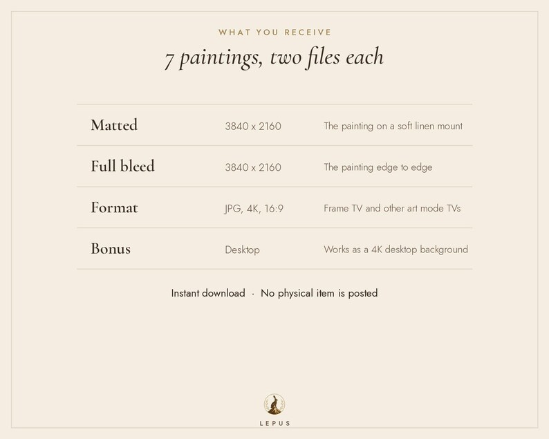 May include: A digital information chart titled WHAT YOU RECEIVE 7 paintings, two files each. It lists specifications for matted and full bleed files at 3840 x 2160 resolution, JPG format, 4K, 16:9 aspect ratio, and desktop bonus. Includes the text LEPUS.