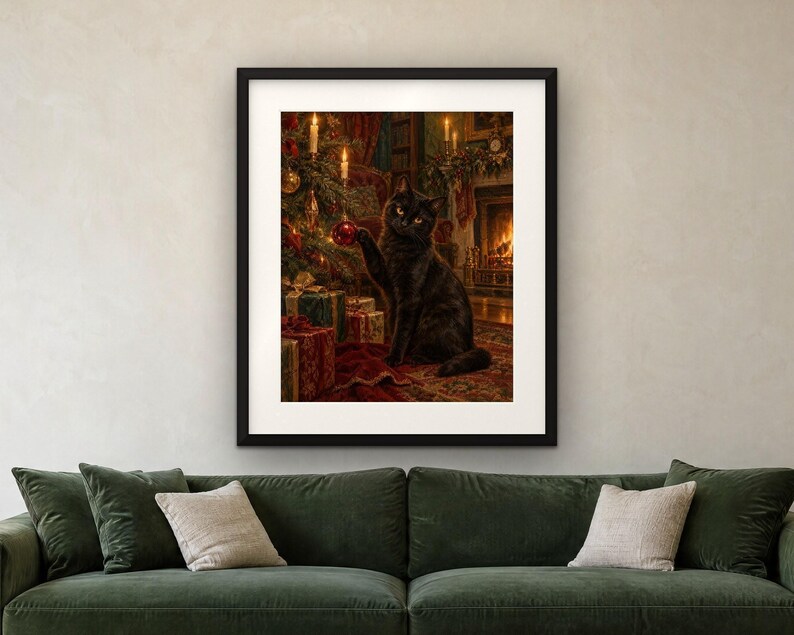 Black Cat Christmas Print, Vintage Oil Painting, Cat Lover Gift (Digital Download) image 4