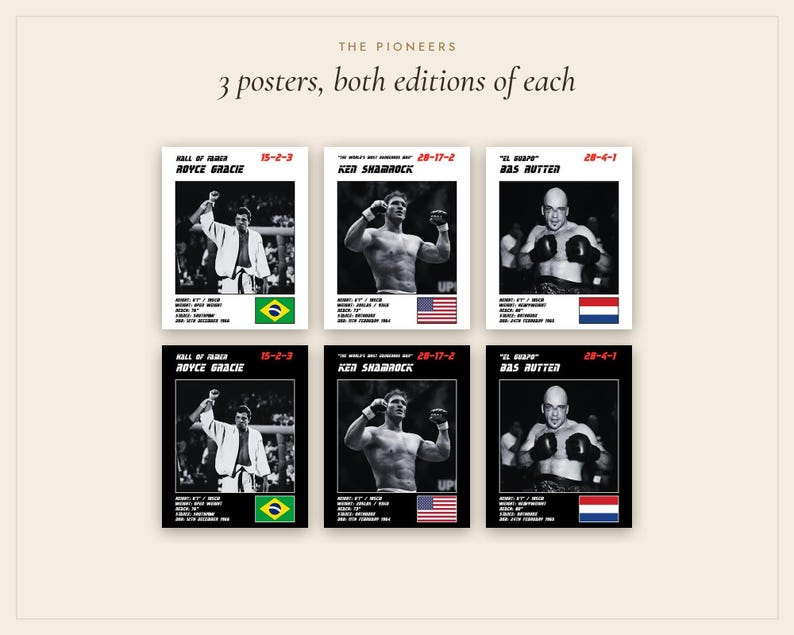 MMA Poster Set of 3 | The Pioneers | Royce Gracie, Ken Shamrock, Bas Rutten | Fight Wall Art | Digital Download image 4