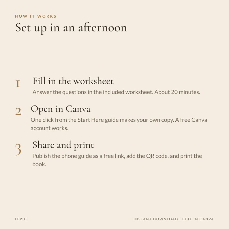 Pode incluir: Um gr&aacute;fico instrutivo intitulado How it works: Set up in an afternoon. Lista tr&ecirc;s passos: 1. Fill in the worksheet, 2. Open in Canva e 3. Share and print, com breves descri&ccedil;&otilde;es. O texto Lepus e Instant download - Edit in Canva est&atilde;o presentes.