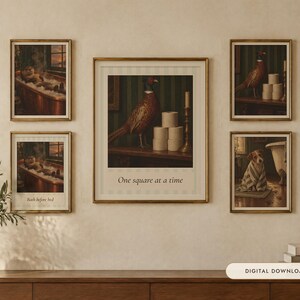 Ensemble de 3 tableaux humoristiques pour salle de bain | Peintures à l'huile vintage d'animaux | Loutre, Faisan, Terrier | Affiches pour salle d'eau | Téléchargement numérique image 1