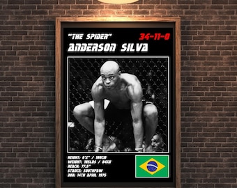 May include: A black and white photo of Anderson Silva, a mixed martial arts fighter, in a fighting stance. The text "The Spider" and "Anderson Silva" are at the top of the poster. The text "34-11-0" is in the top right corner. The text "Height: 6'2" / 188cm, Weight: 185lbs / 84kg, Reach: 77.5", "Stance: Southpaw", and "DOB: 14th April 1975" are at the bottom of the poster. A Brazilian flag is in the bottom right corner.