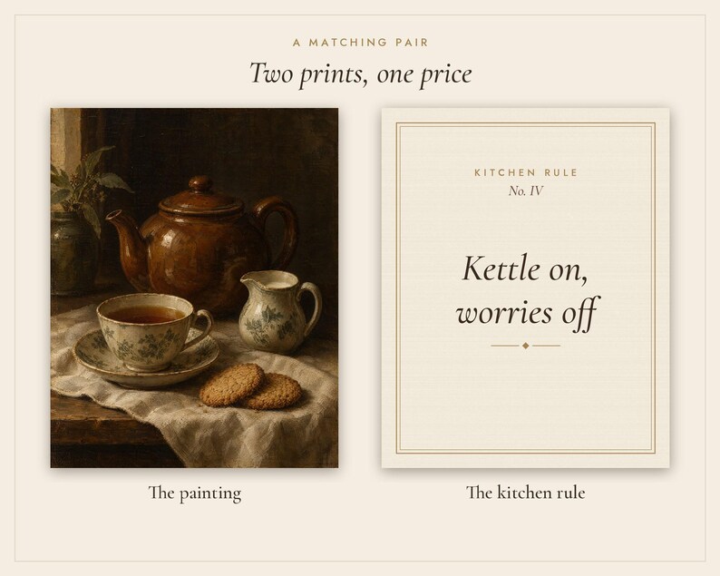 The Teapot Kitchen Print Set of 2 | Vintage Still Life Oil Painting and Kitchen Rule Quote | Cottage Kitchen Wall Art | Digital Download image 3