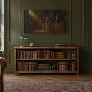 May include: A wooden bookcase with two shelves filled with antique books, topped with a green glass banker's lamp and a small ceramic bowl. Above the bookcase hangs a large rectangular painting depicting horses in a stable.
