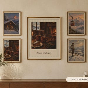 Apres Ski Prints Set of 4, Vintage Alpine Ski Oil Paintings, Ski Lodge Wall Art (Digital Download)