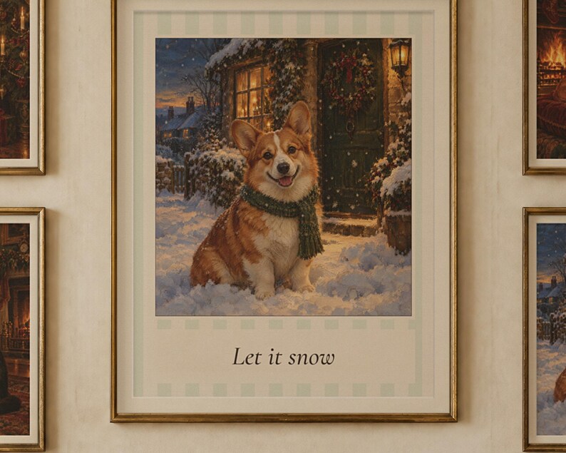 クリスマス犬猫プリント4枚セット、ヴィンテージ油絵（デジタルダウンロード） 画像 2
