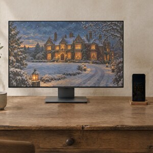 Winter Manor Wallpaper | Oil Painting Christmas Phone, iPad and Desktop Background | Cozy Old Money Aesthetic | Digital Download image 2