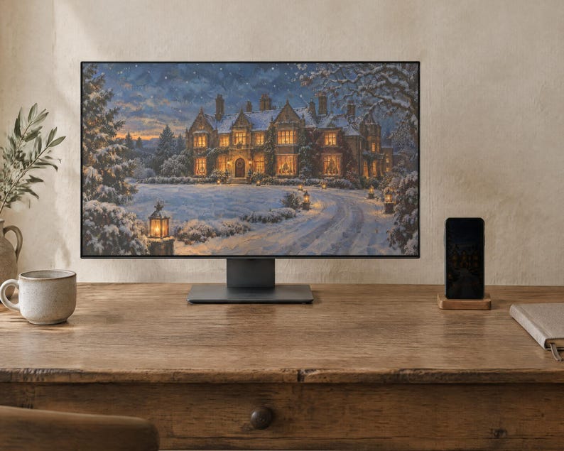 Winter Manor Wallpaper | Oil Painting Christmas Phone, iPad and Desktop Background | Cozy Old Money Aesthetic | Digital Download image 2