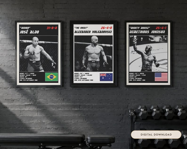 May include: Three framed black and white posters featuring UFC fighters Jos&eacute; Aldo, Alexander Volkanovski, and Demetrious Johnson. Each poster displays the fighter's nickname, record, height, weight, reach, stance, birth date, and national flag.