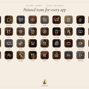 May include: A collection of 36 app icons plus 4 blanks featuring a painted brown and black texture with white line art symbols. The text reads 36 APP ICONS PLUS 4 BLANKS, Painted icons for every app, and LEPUS at the bottom.