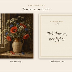 Wildflowers in a Jug Kitchen Print Set of 2 | Still Life Oil Painting and Kitchen Quote | Cottage Kitchen Art | Digital Download image 3