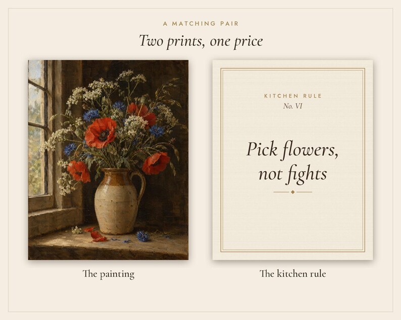 Wildflowers in a Jug Kitchen Print Set of 2 | Still Life Oil Painting and Kitchen Quote | Cottage Kitchen Art | Digital Download image 3