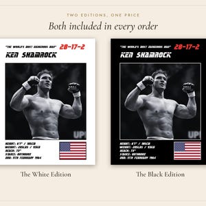 May include: Two posters featuring Ken Shamrock in a fighting stance. Text includes "The World's Most Dangerous Man", "28-17-2", height 6'1"/185cm, weight 205lbs/93kg, reach 73", stance orthodox, and DOB 11th February 1964 with a US flag.