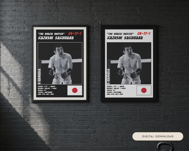 Kazushi Sakuraba MMA Poster | The Gracie Hunter Fight Wall Art Print | Black and White Editions | Digital Download image 1