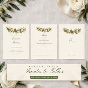Painted Olive Wedding Suite Bundle, Seating Chart, Welcome Sign, Invitation, Table Numbers, Menu, Editable Canva Templates image 2