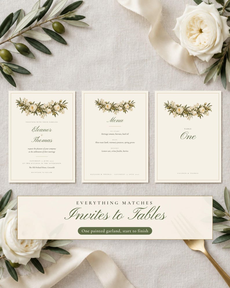 Painted Olive Wedding Suite Bundle, Seating Chart, Welcome Sign, Invitation, Table Numbers, Menu, Editable Canva Templates image 2