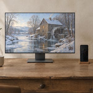 Winter Phone Wallpaper, Frozen Mill Oil Painting | Snowy Christmas iPhone, iPad and Desktop Background | Digital Download image 2