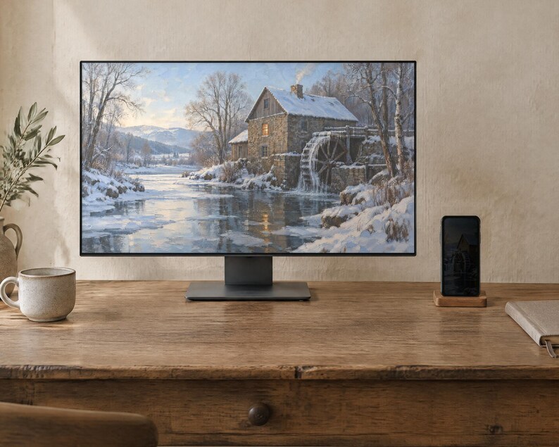 Winter Phone Wallpaper, Frozen Mill Oil Painting | Snowy Christmas iPhone, iPad and Desktop Background | Digital Download image 2