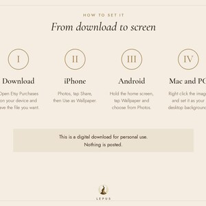 Puede incluir: Un gr&aacute;fico de instrucciones titulado How to set it: From download to screen. Enumera cuatro pasos para configurar fondos de pantalla digitales en iPhone, Android, Mac y PC, con una nota que indica que es una descarga digital.
