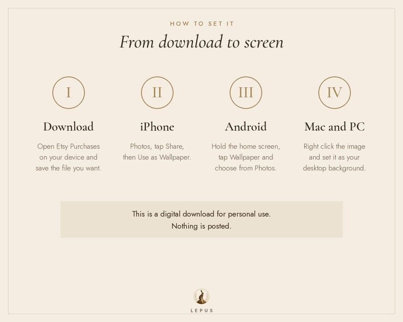 Puede incluir: Un gr&aacute;fico de instrucciones titulado How to set it: From download to screen. Enumera cuatro pasos para configurar fondos de pantalla digitales en iPhone, Android, Mac y PC, con una nota que indica que es una descarga digital.