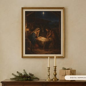 Nativity Print, Vintage Christmas Oil Painting, Christian Wall Art (Digital Download) image 1