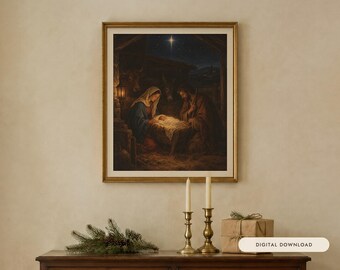 Nativity Print, Vintage Christmas Oil Painting, Christian Wall Art (Digital Download)