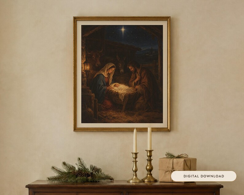 Nativity Print, Vintage Christmas Oil Painting, Christian Wall Art (Digital Download) image 1