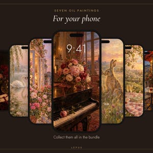 May include: A digital collection of seven oil paintings for phone wallpapers, featuring scenes of a swan on a lake, floral arrangements, a piano, a rabbit in a meadow, and outdoor dining. The text reads SEVEN OIL PAINTINGS For your phone and LEPUS.
